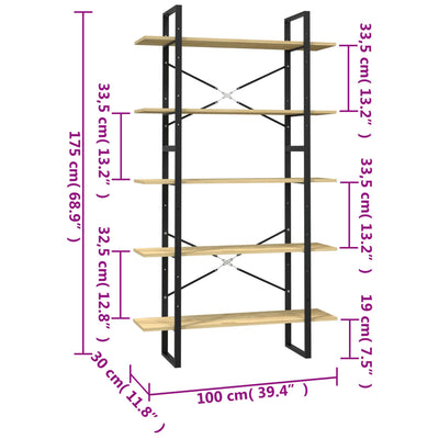 5-Tier Book Cabinet 100x30x175 cm Pinewood