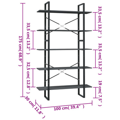 5-Tier Book Cabinet Grey 100x30x175 cm Pinewood