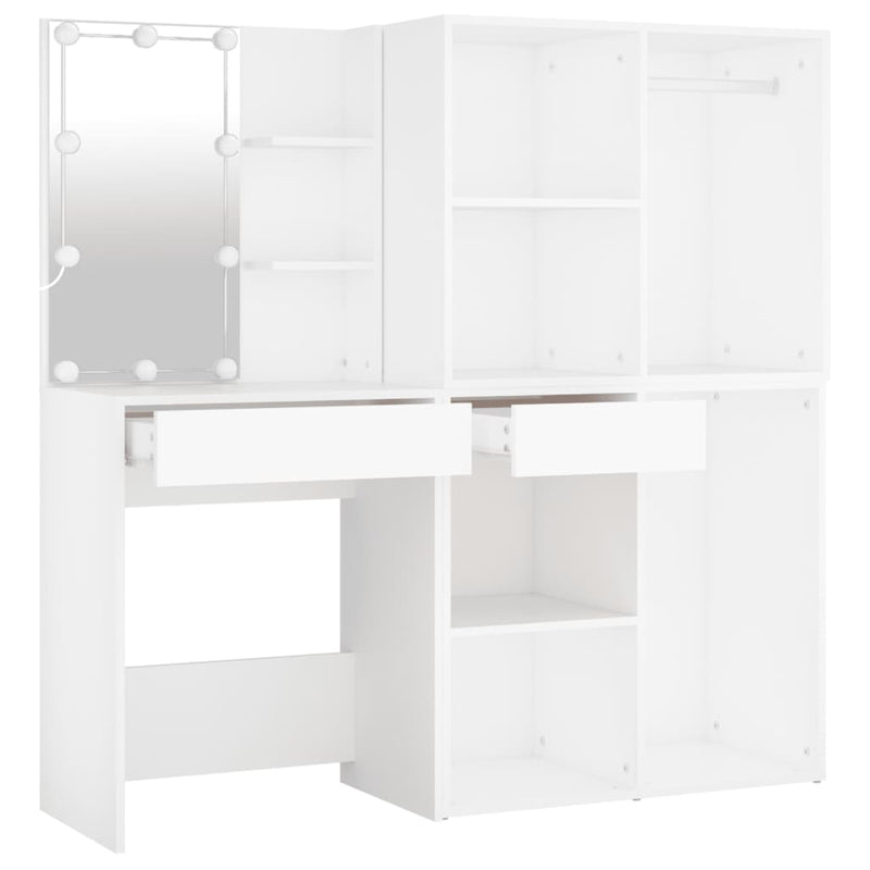 LED Dressing Table with 2 Cabinets White Engineered Wood