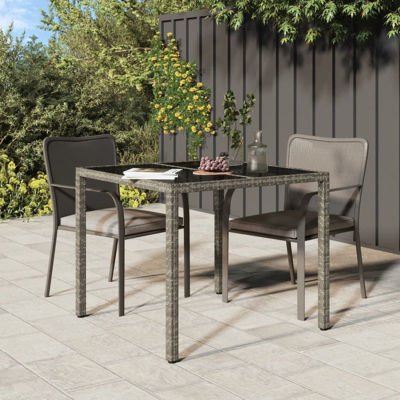 Garden Table 90x90x75 cm Tempered Glass and Poly Rattan Grey