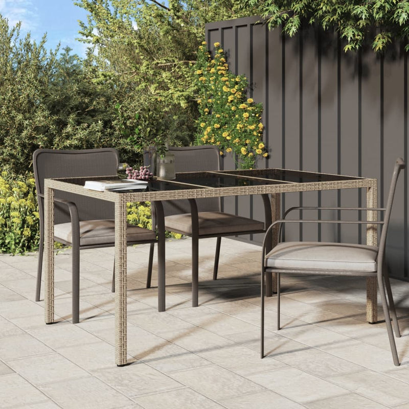 Garden Table 150x90x75 cm Tempered Glass and Poly Rattan Beige