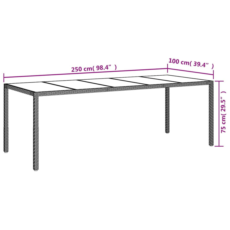 Garden Table Brown 250x100x75 cm Tempered Glass and Poly Rattan