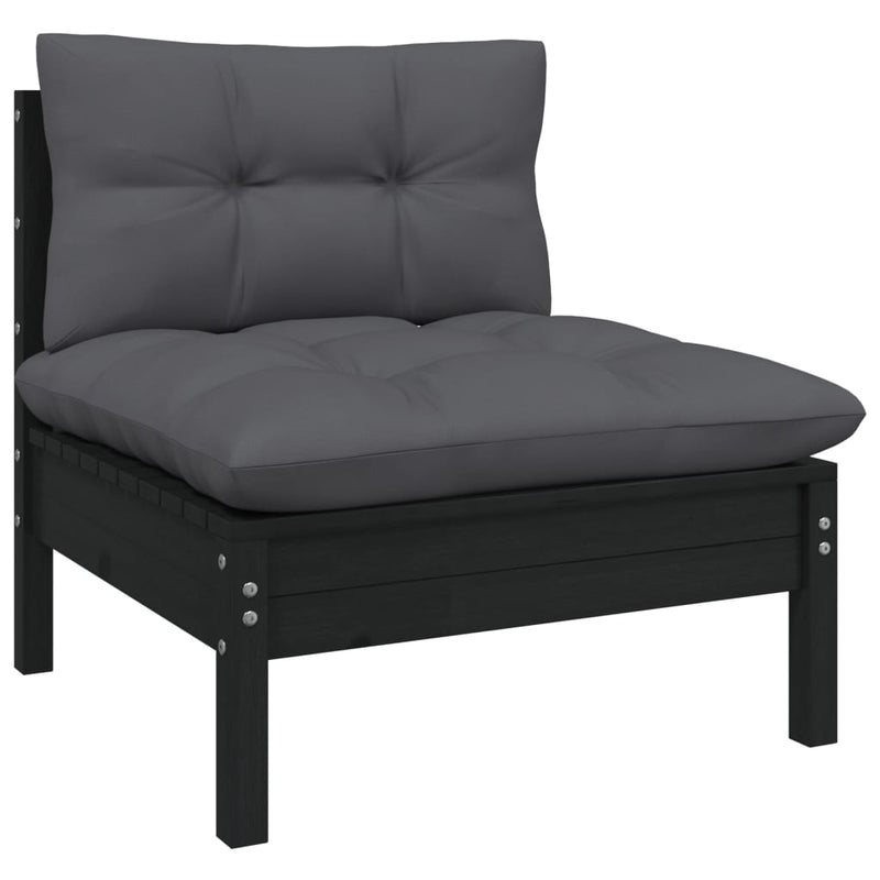 Garden Middle Sofa with Cushions Black Solid Pinewood