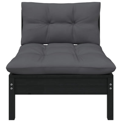 Garden Middle Sofa with Cushions Black Solid Pinewood