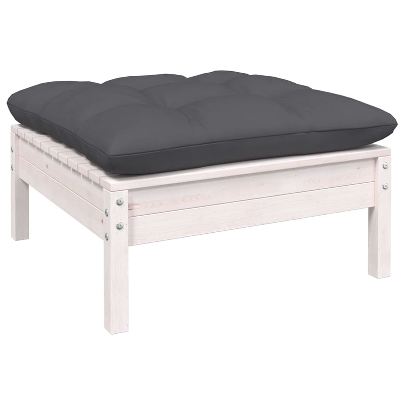 Garden Footstool with Anthracite Cushion White Solid Pinewood