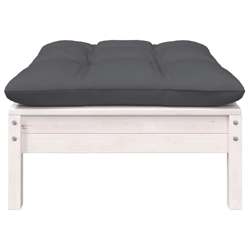 Garden Footstool with Anthracite Cushion White Solid Pinewood