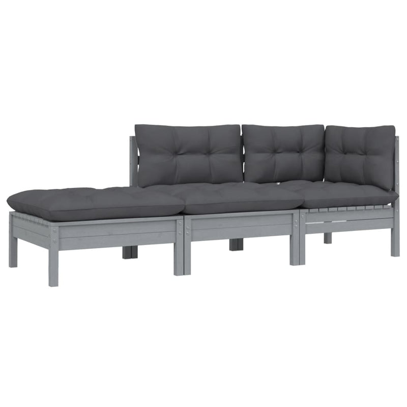 3 Piece Garden Lounge Set with Cushions Grey Solid Pinewood