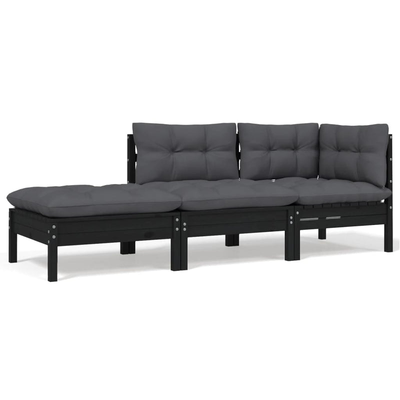 3 Piece Garden Lounge Set with Cushions Black Solid Pinewood