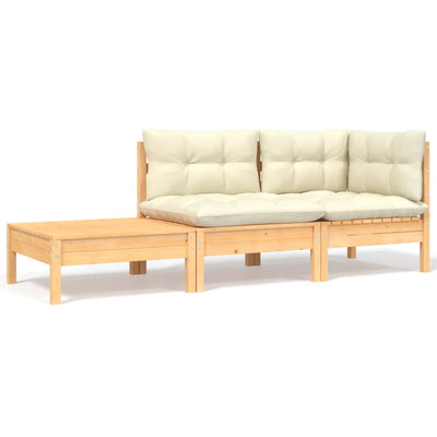 3 Piece Garden Lounge Set with Cream Cushions Solid Pinewood