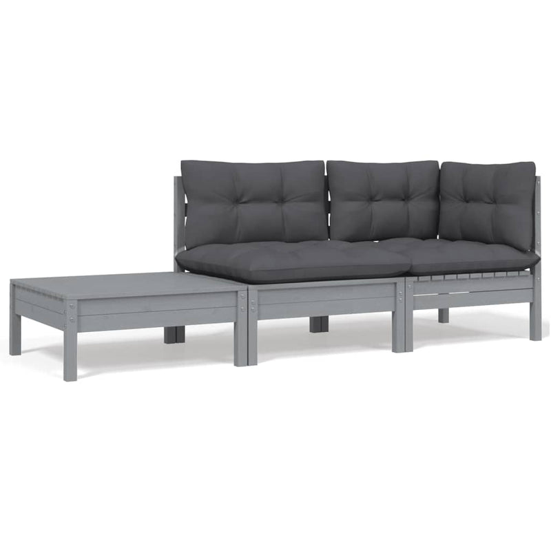 3 Piece Garden Lounge Set with Cushions Grey Solid Pinewood