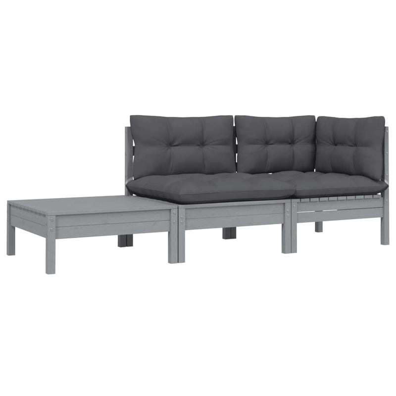 3 Piece Garden Lounge Set with Cushions Grey Solid Pinewood