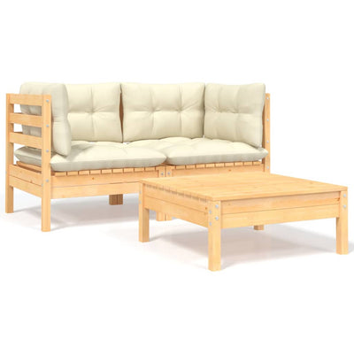 3 Piece Garden Lounge Set with Cream Cushions Solid Pinewood