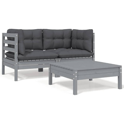 3 Piece Garden Lounge Set with Cushions Grey Solid Pinewood