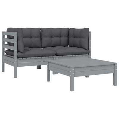 3 Piece Garden Lounge Set with Cushions Grey Solid Pinewood