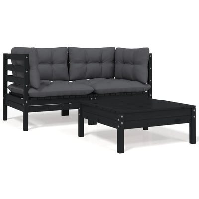 3 Piece Garden Lounge Set with Cushions Black Solid Pinewood