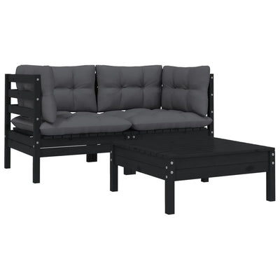 3 Piece Garden Lounge Set with Cushions Black Solid Pinewood