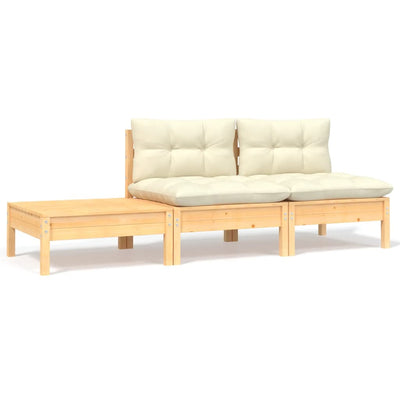 3 Piece Garden Lounge Set with Cream Cushions Solid Pinewood