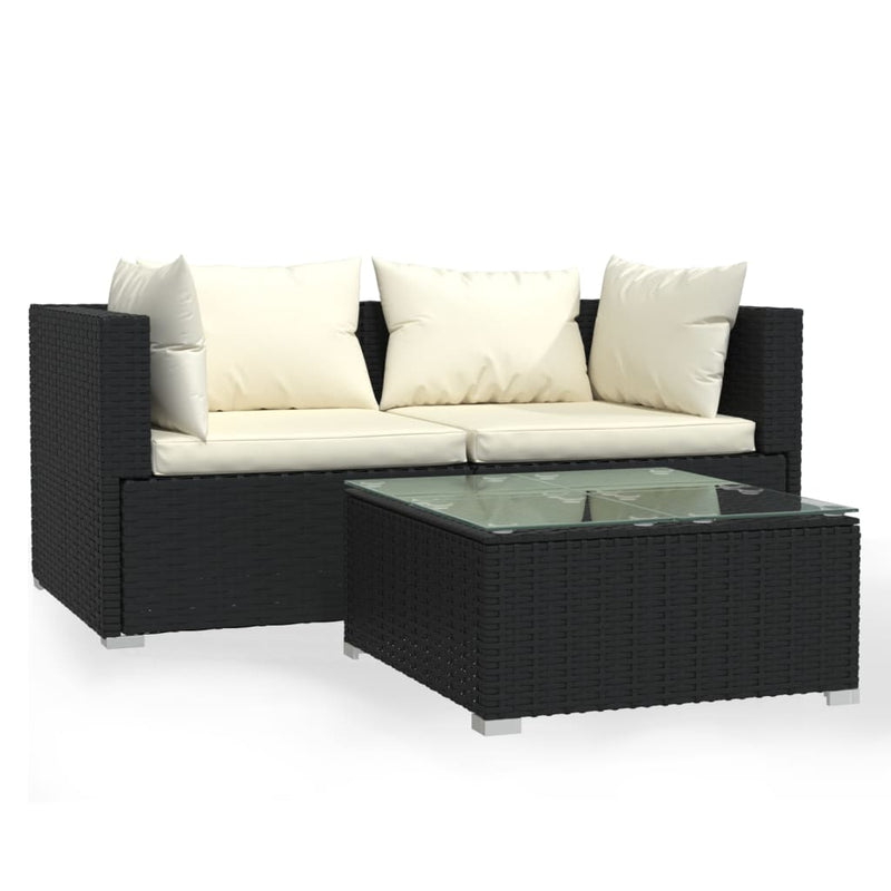 3 Piece Garden Lounge Set with Cushions Black Poly Rattan