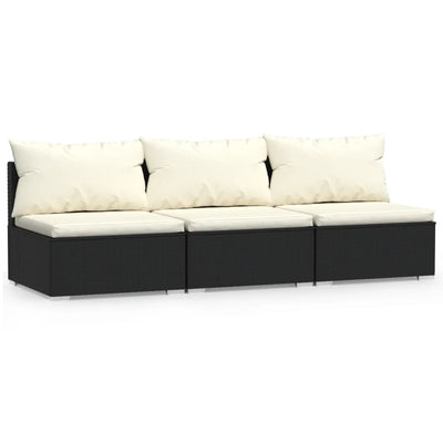 3-Seater Sofa with Cushions Black Poly Rattan