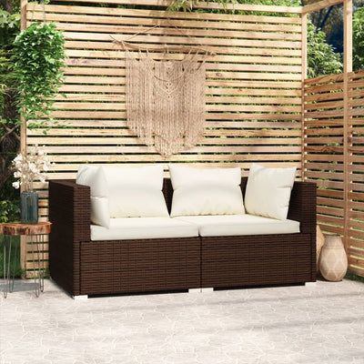 2-Seater Sofa with Cushions Brown Poly Rattan