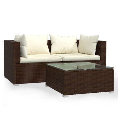 3 Piece Garden Lounge Set with Cushions Brown Poly Rattan