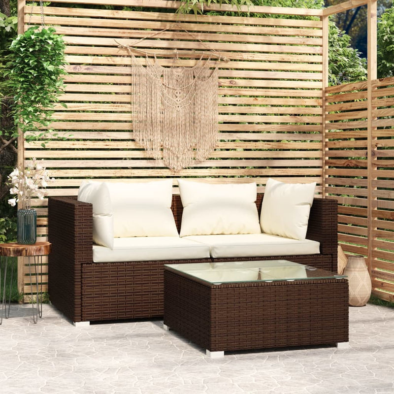 3 Piece Garden Lounge Set with Cushions Brown Poly Rattan