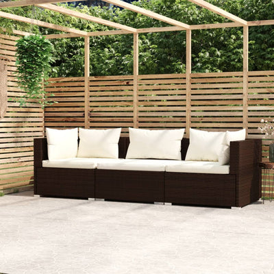 3-Seater Sofa with Cushions Brown Poly Rattan