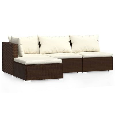 4 Piece Garden Lounge Set with Cushions Brown Poly Rattan