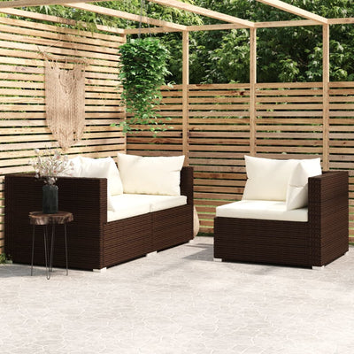 3 Piece Garden Lounge Set with Cushions Brown Poly Rattan