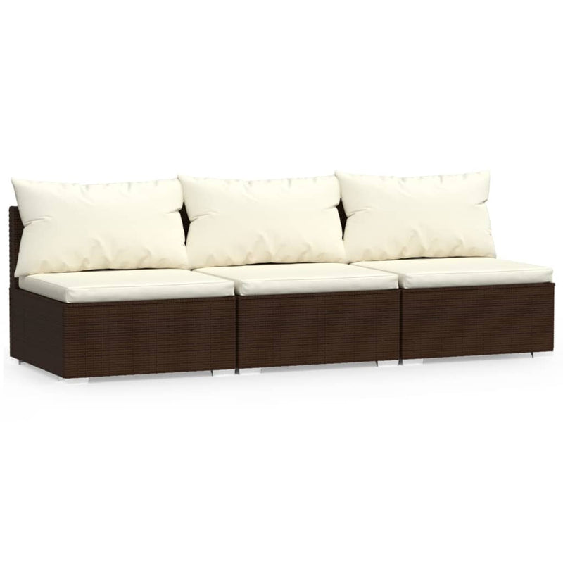 3-Seater Sofa with Cushions Brown Poly Rattan