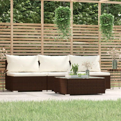 4 Piece Garden Lounge Set with Cushions Brown Poly Rattan