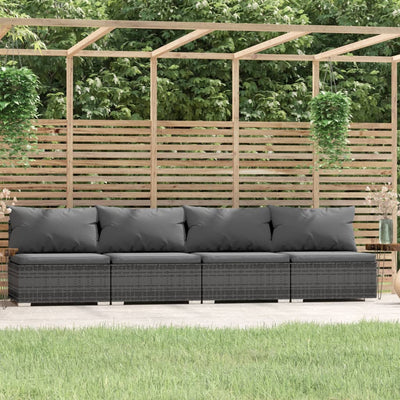 4-Seater Sofa with Cushions Grey Poly Rattan