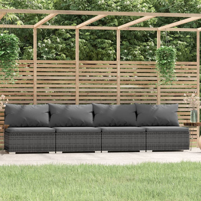 4-Seater Sofa with Cushions Grey Poly Rattan