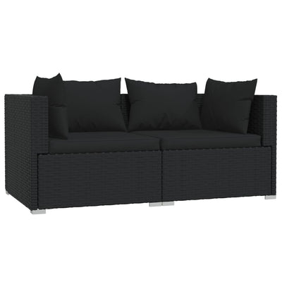 2-Seater Sofa with Cushions Black Poly Rattan