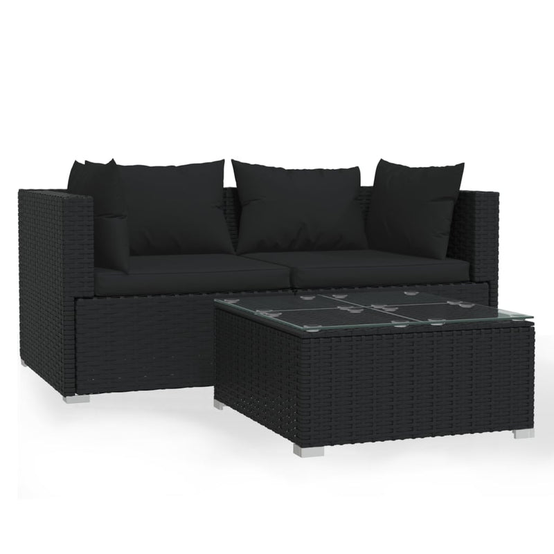 3 Piece Garden Lounge Set with Cushions Black Poly Rattan