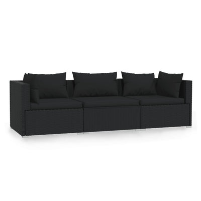 3-Seater Sofa with Cushions Black Poly Rattan