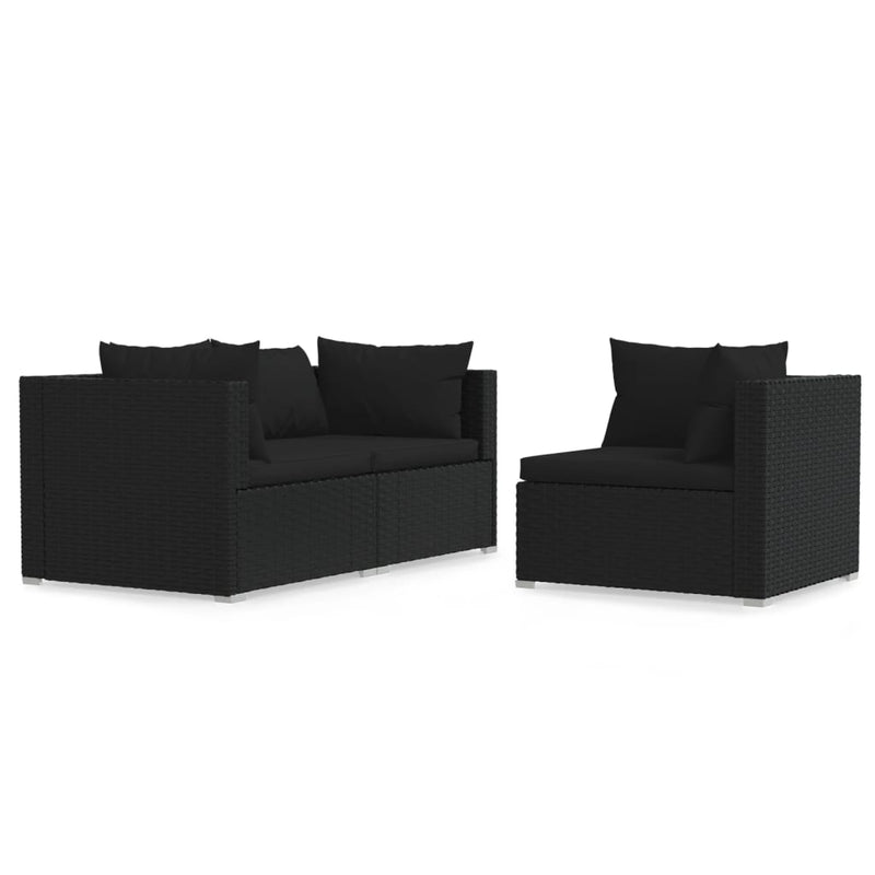 3 Piece Garden Lounge Set with Cushions Black Poly Rattan