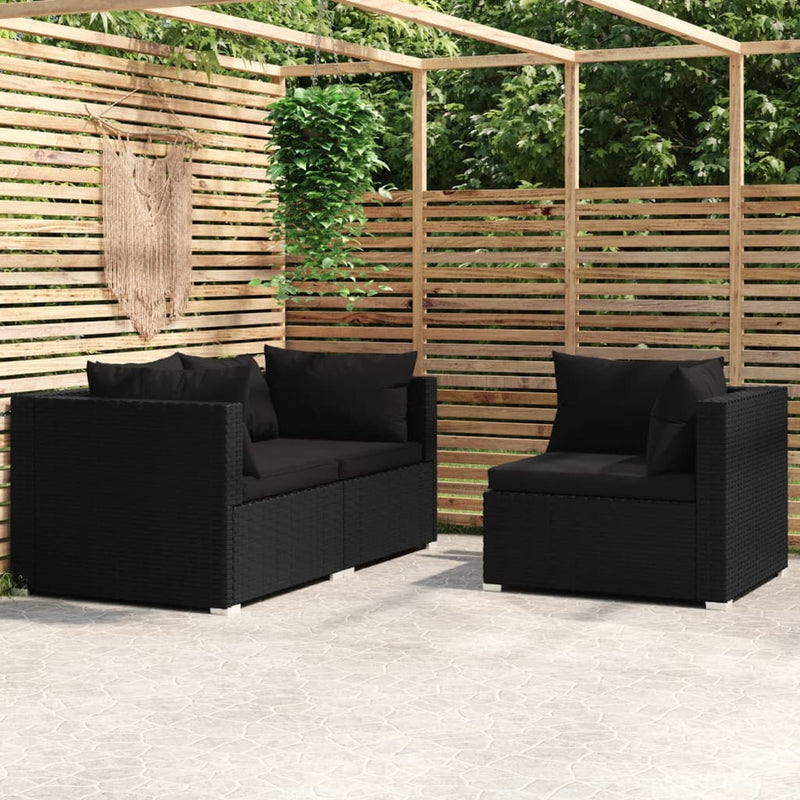 3 Piece Garden Lounge Set with Cushions Black Poly Rattan