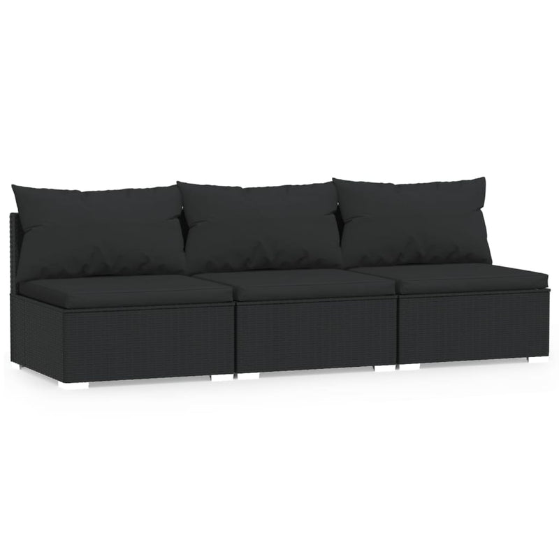 3-Seater Sofa with Cushions Black Poly Rattan