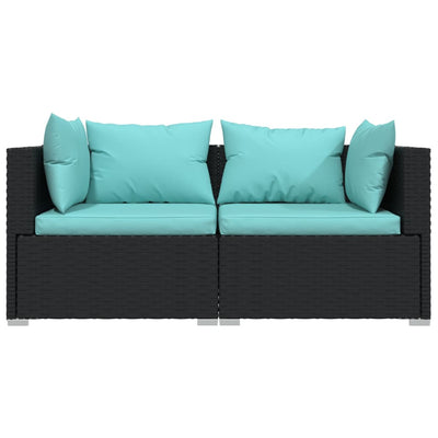 2-Seater Sofa with Cushions Black Poly Rattan