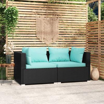 2-Seater Sofa with Cushions Black Poly Rattan