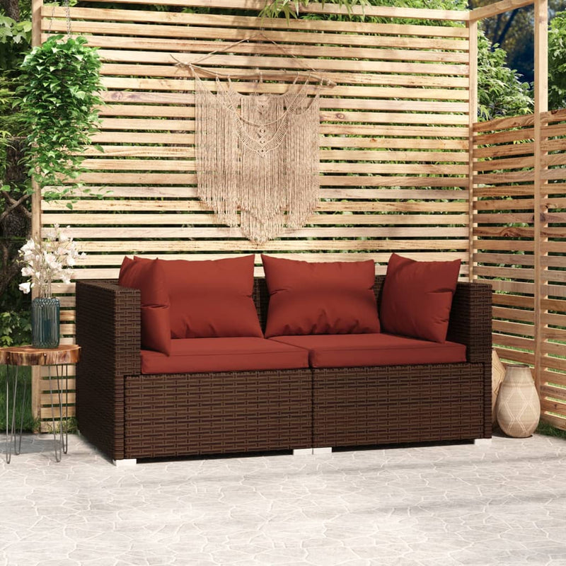 2-Seater Sofa with Cushions Brown Poly Rattan