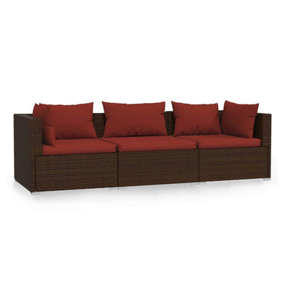 3-Seater Sofa with Cushions Brown Poly Rattan