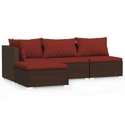 4 Piece Garden Lounge Set with Cushions Brown Poly Rattan