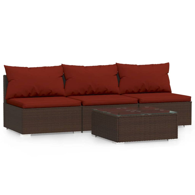 4 Piece Garden Lounge Set with Cushions Brown Poly Rattan