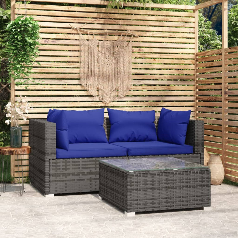 3 Piece Garden Lounge Set with Cushions Grey Poly Rattan