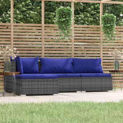 4 Piece Garden Lounge Set with Cushions Grey Poly Rattan