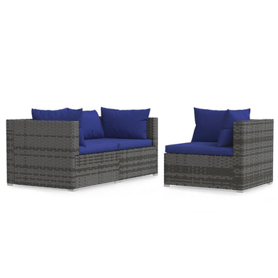 3 Piece Garden Lounge Set with Cushions Grey Poly Rattan