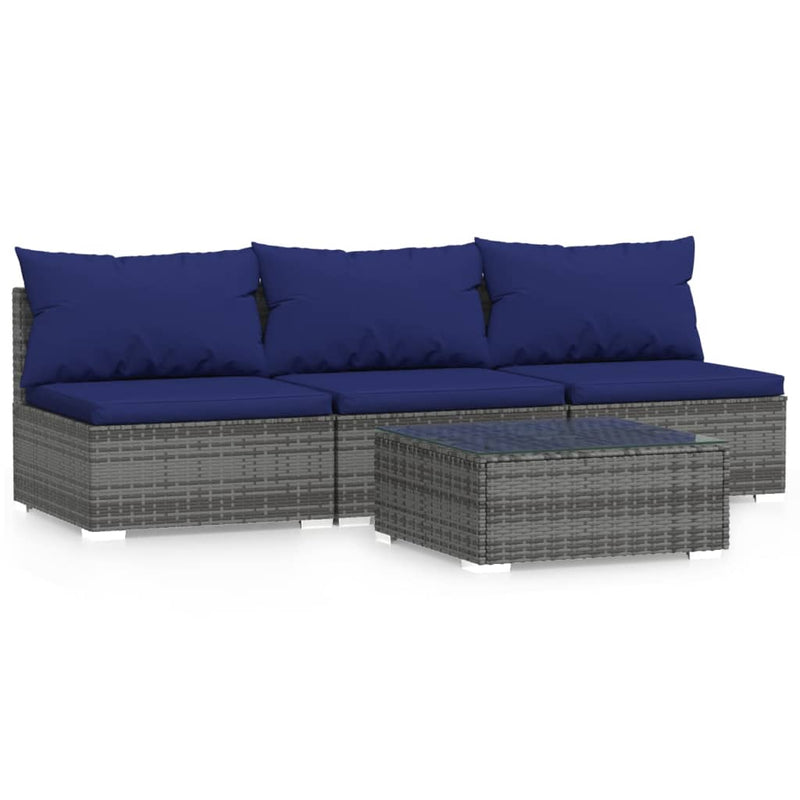 4 Piece Garden Lounge Set with Cushions Grey Poly Rattan