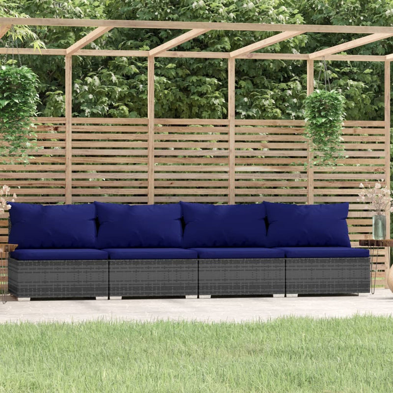 4-Seater Sofa with Cushions Grey Poly Rattan